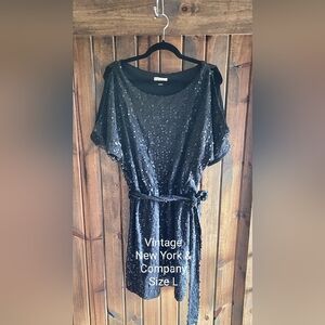 NY&Co Black Sequin Dress Large Womens Cold Shoulder Cocktail Short Sleeve Short